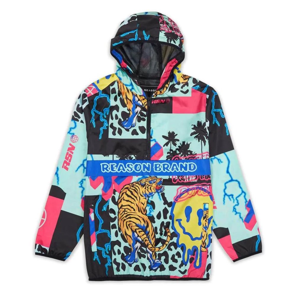 Reason Brand AOP Allover Print Half-Zip Anorak Pullover Jacket Smiley Tiger RSN - Picture 1 of 7
